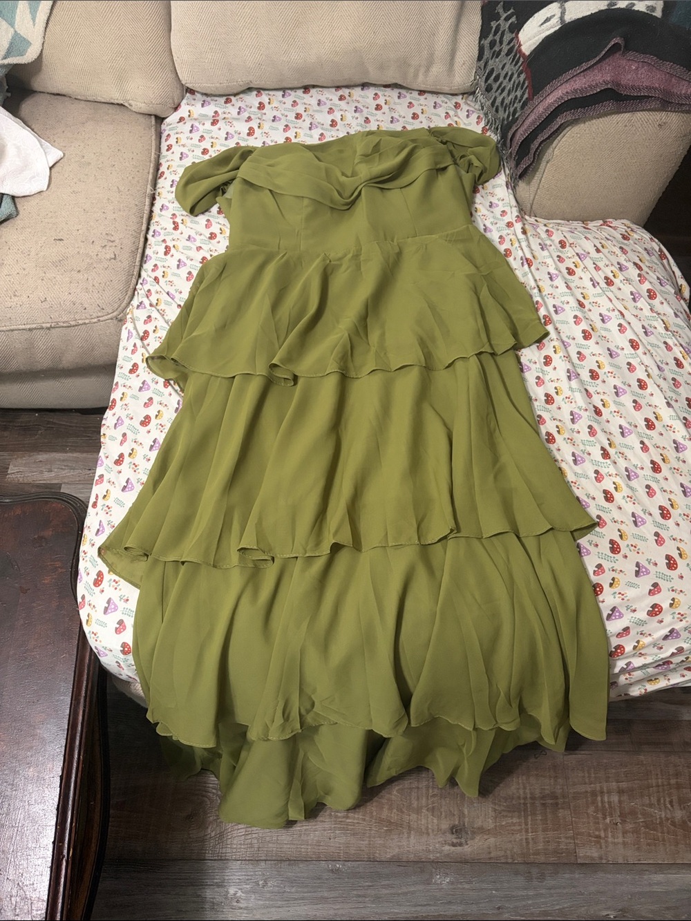 Strapless Olive Green Tiered Chiffon Maxi Dress